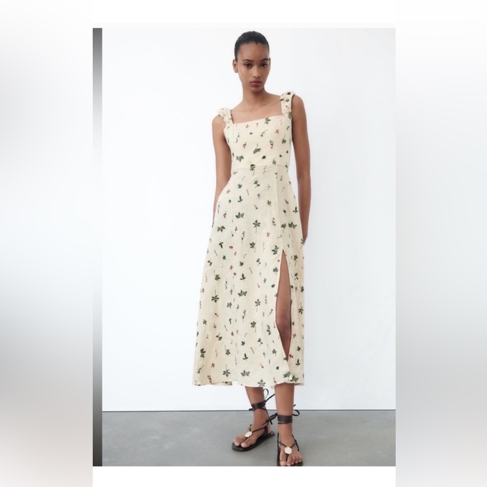 Zara Cream Floral Maxi Dress with Green and Pink Print